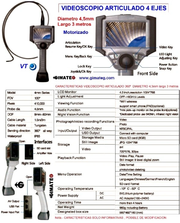 datos tecnicos videoscopio articulado DV
