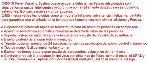 caracteristicas C400 termografica para fiebre gimateg